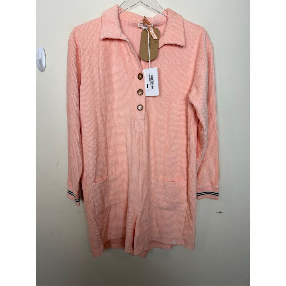 NWT Roller Rabbit Palmer Jumpsuit Size S Peach Terry Knit Henley One Piece Loung